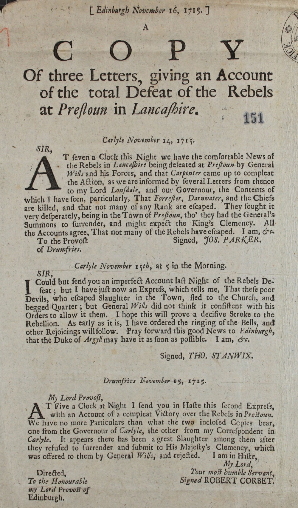 A pamphlet giving three accounts of the defeat of the Jacobites in Preston, Lancashire, dated from14th to 15 November 1715 (SP 54/10/57)
