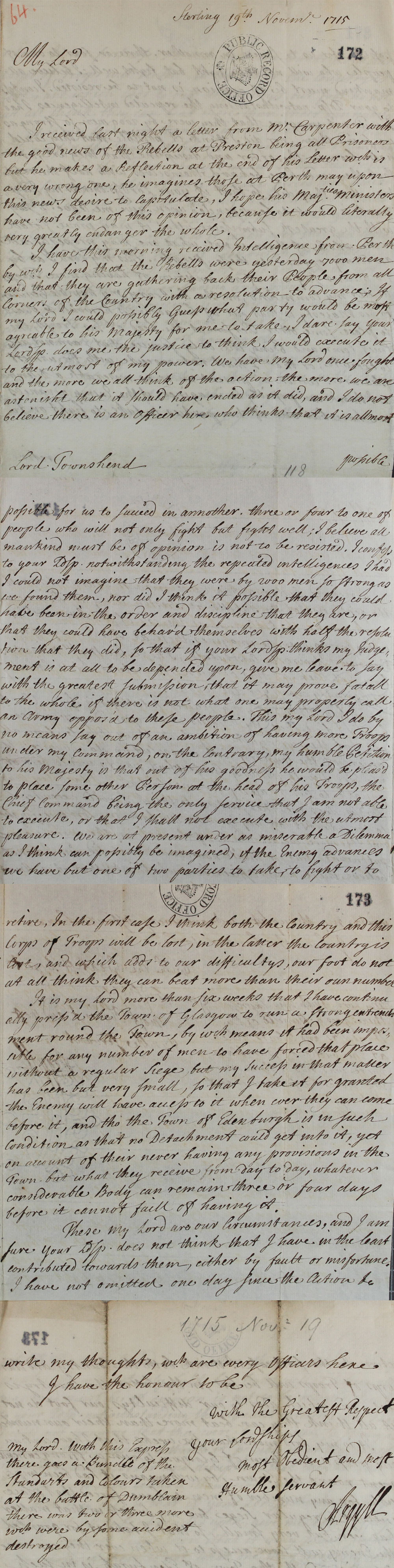 Letter from Lord Argyll to Lord Townshend, Secretary of State, 19 November 1715 (SP 54/10/64)