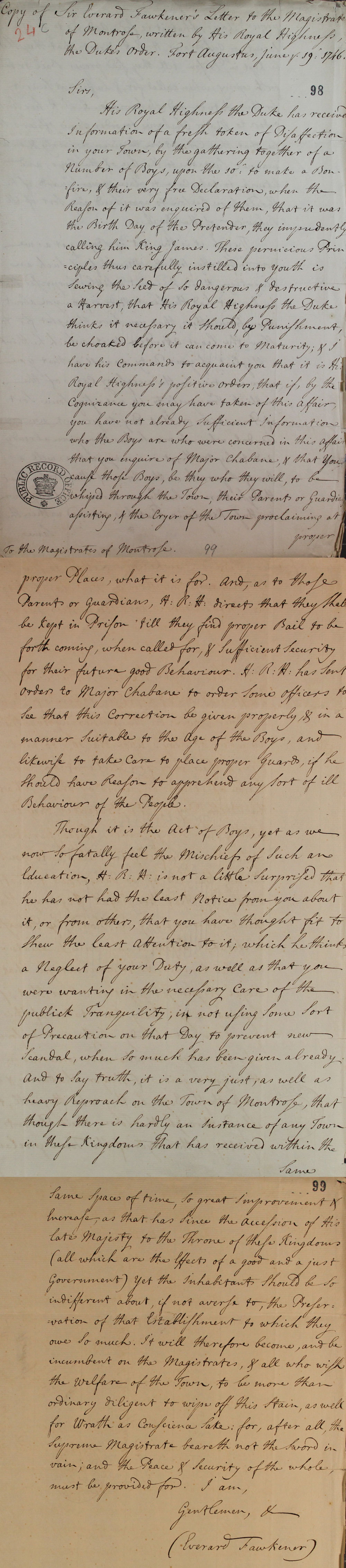 Letter from Sir Everard Fawkener, 1746 (SP 54/32/24c)
