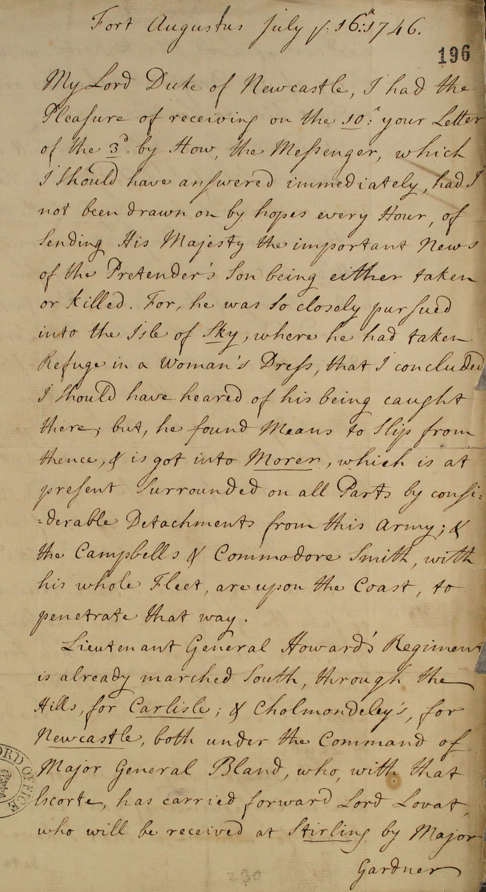 Duke of Cumberland to Secretary Newcastle, 1746 (SP 54/32/49A)