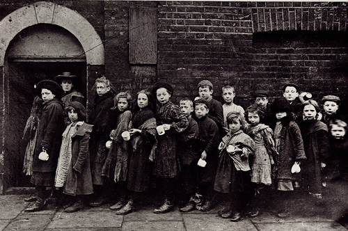 Children queuing for Salvation Army 'Farthing Breakfasts', about 1900