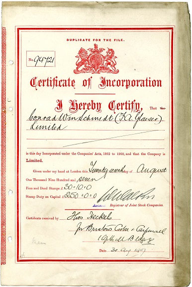 The certificate of incorporation for F A Glaeser Ltd (catalogue reference BT 31/18195/94721), incorporated in 1907. The certificate number (the same thing as the company number) is in the top left-hand corner.