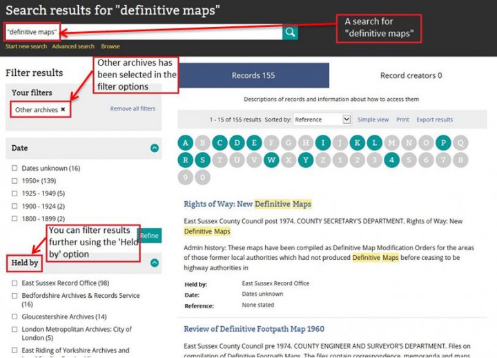 Image showing the search results screen with filtered results after a search for "definitive maps" in The National Archives catalogue.