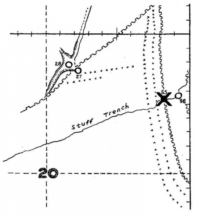 This is a reduced-size copy of part of a map of St Pierre Divion. TNA rference WO 297/318