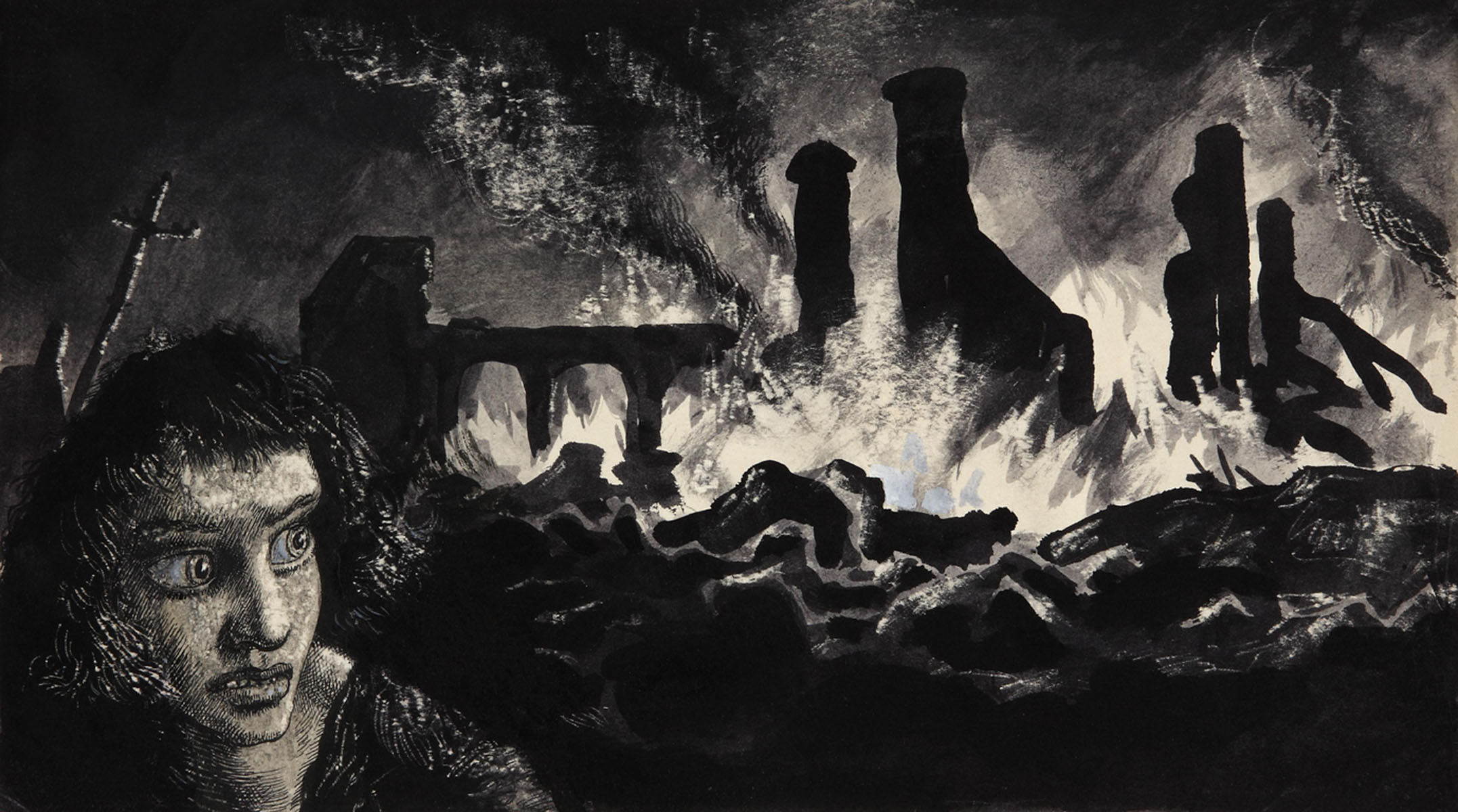 Image of 'Head by Firelight', a drawing by artist Mervyn Peake for a 'Horrors of War' booklet (catalogue reference: INF 3/658)