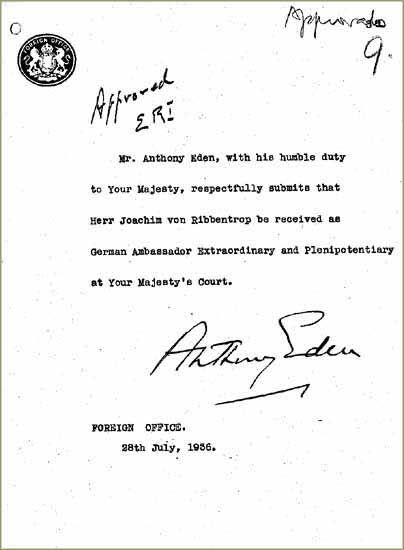 Submission for the appointment of Ribbentrop as German Ambassador FO 954/10a