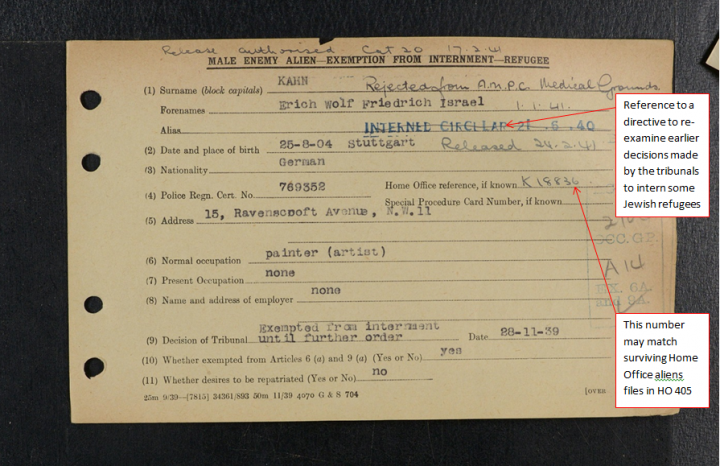 Image of an Exemption From Internment Card (catalogue reference HO 396/180/00136). The card shows that although the person in question was exempted from internment in 1939, a decision was then made in 1940 to intern the individual, whose release was then authorised in 1941.