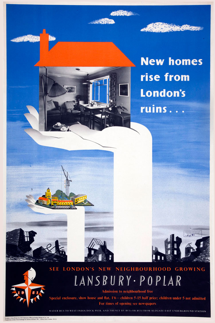 Poster in which a hand rises up from a ruined cityscape holding a house containing a photograph of an interior and another hand holding a landscape with houses under construction.