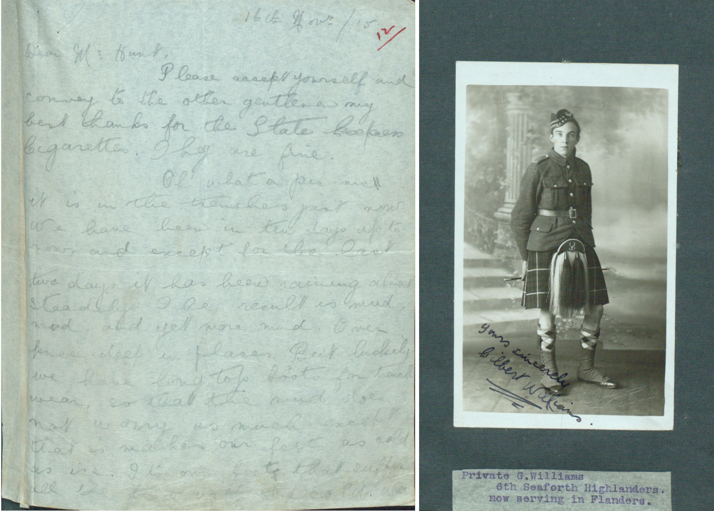 Photo accompanying letter shows a man in a uniform and kilt. The photo is signed ‘Yours sincerely, Gilbert Williams’.