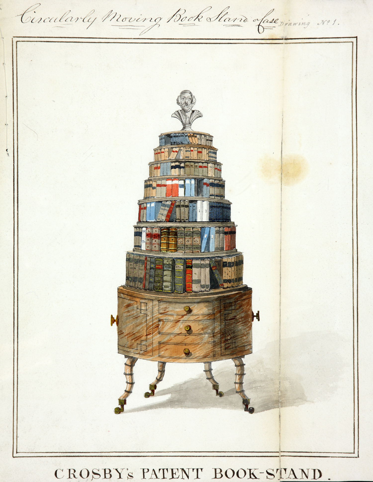 Drawing of a round cupboard with seven tiers of bookshelves and a bust of a man on the top. Four movable legs with wheels stick out underneath.