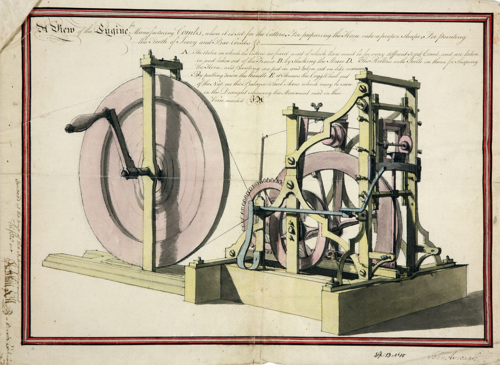 Design illustration of a machine with a big wheel and handle connected to a collection of spokes and machinery within a metal framework.