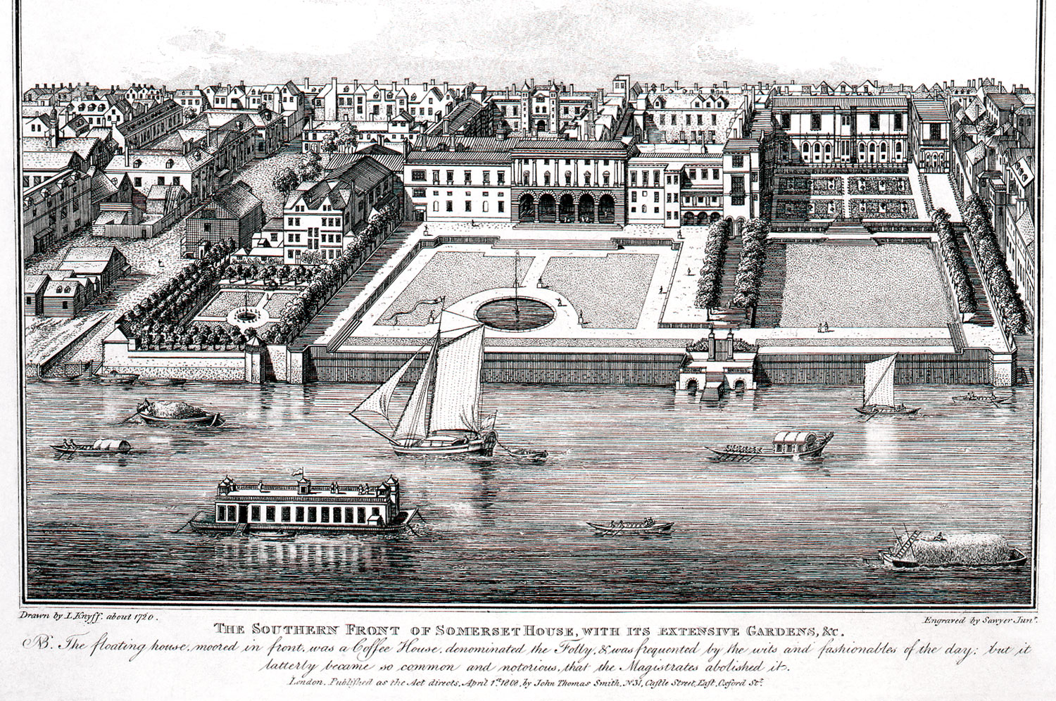 Illustration of Somerset House next to the Thames, showing a central block with a garden courtyard in front of it.
