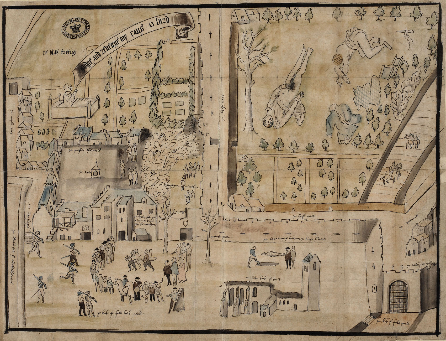 Map showing the deceased bodies of Lord Darnley and his servant in the garden, Lord Darnley being carried away and the funeral of his servant, and Lord Darnley’s son saying ‘Judge and revenge my cause, O Lord’.
