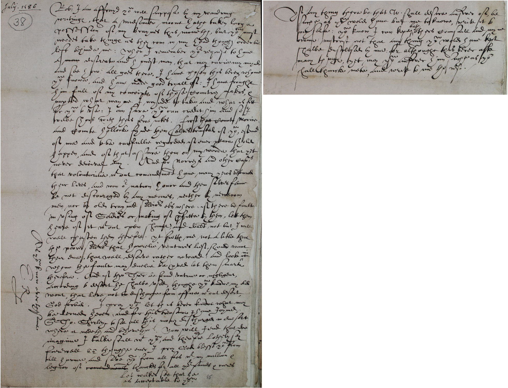 Elizabeth to Robert Dudley, Earl of Leicester, 19 July 1586 (SP 84/9 f.38)