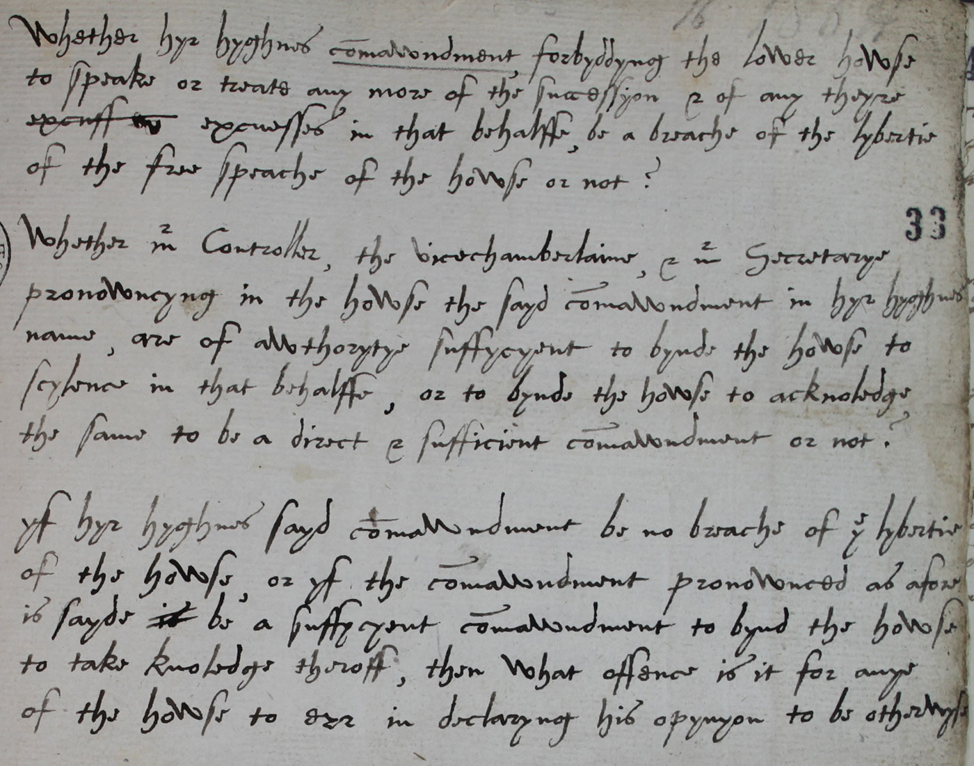 Peter Wentworth’s questions on parliamentary privilege, 11 November 1566 (SP 12/41 f.33)