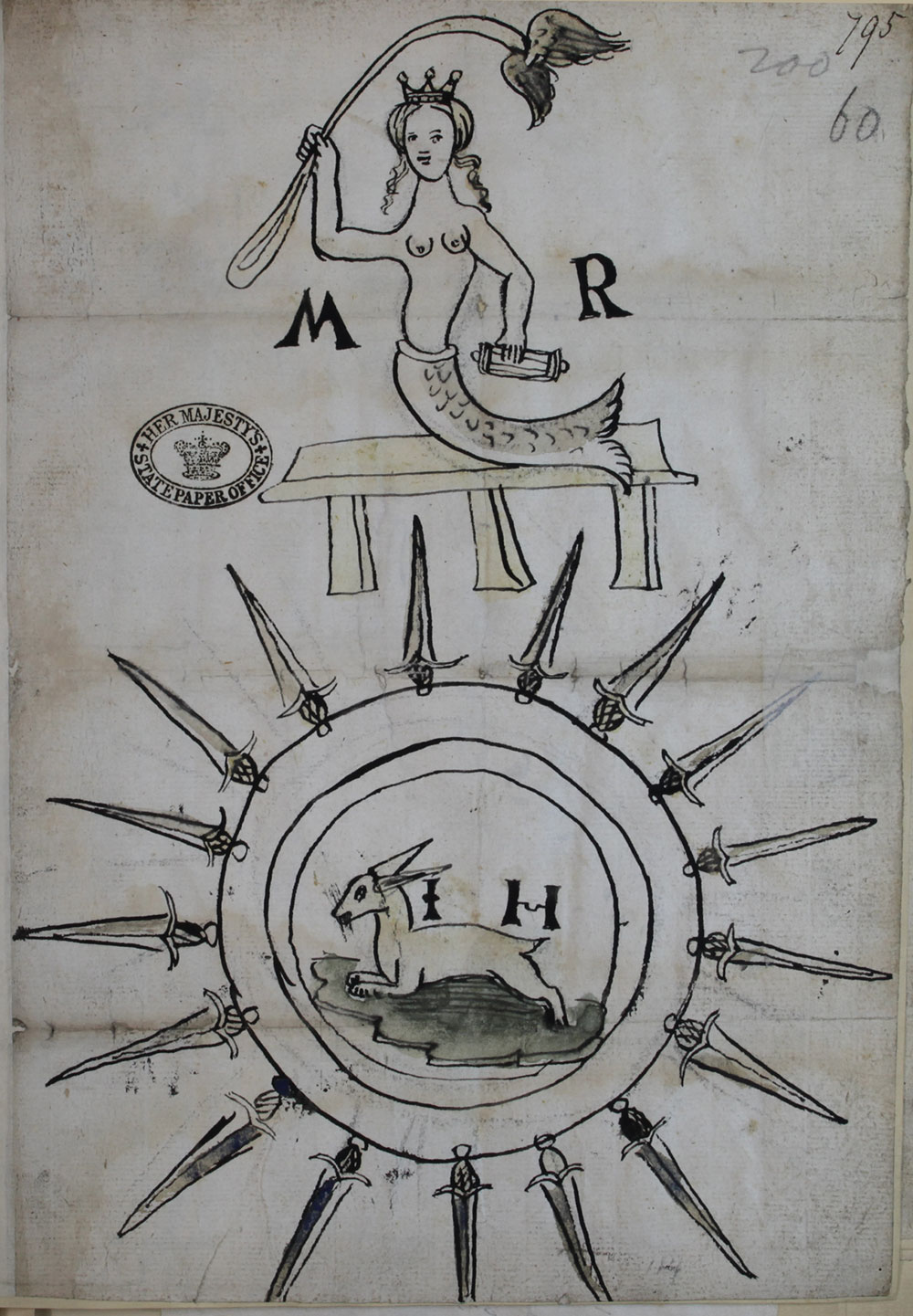 A mermaid with a crown sits on a bench above a hare in a circle surrounded by swords. The letters M and R are next to the mermaid.