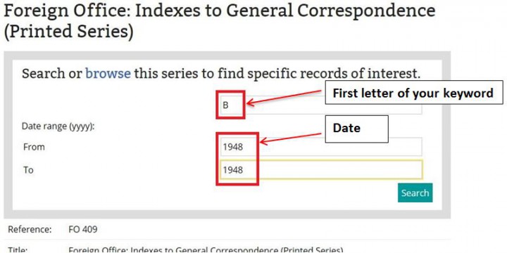 A search in series FO 409, the Foreign Office index, on The National Archives catalogue