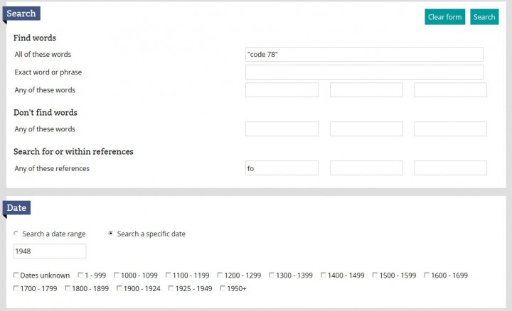 A search for "code 78" in Foreign Office records from 1948 using the advanced search in The National Archives catalogue