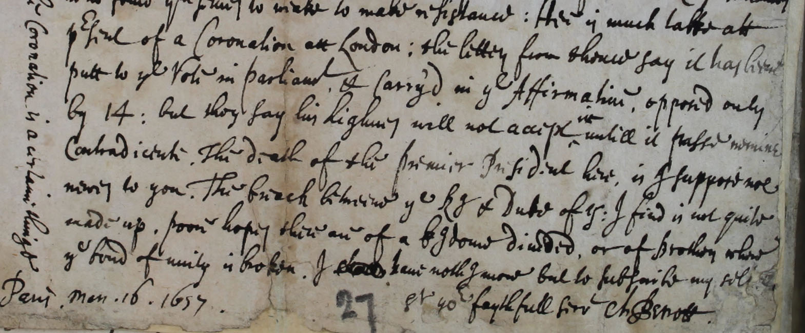 Extract from letter from Charles Perrott to Williamson, 6th March 1657, (SP 18/154, f. 25)