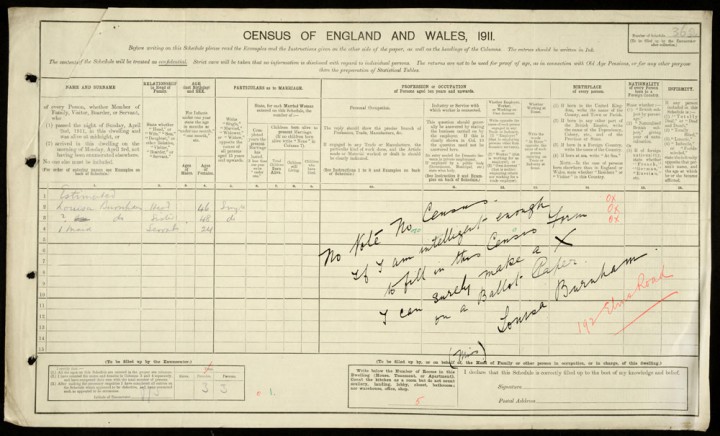 Census entry spoiled by Suffragette Louisa Burnham