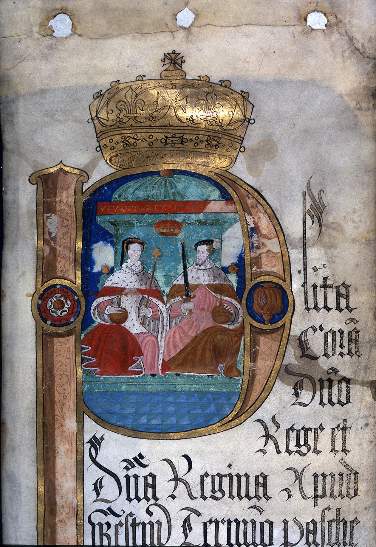 Medieval text starting with a P that contains an illustration of Mary I and Philip II.