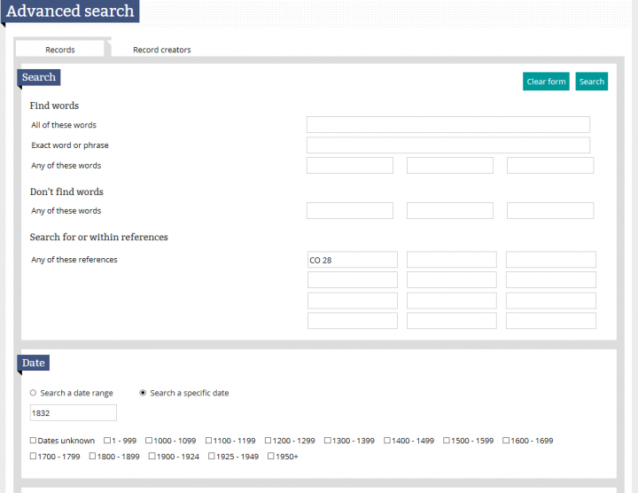 A screen shot of the advanced search page in our catalogue showing a search for correspondence from 1832 held in CO 28, the series for Colonial Office correspondence form Barbados.