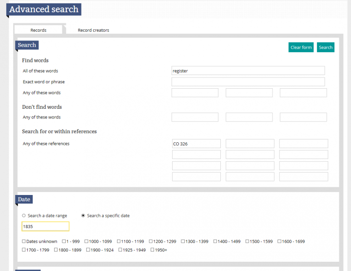 A screen shot of the advanced search page in our catalogue showing a search for a Colonial Office register from 1835. The search is in series CO 326, which contains all the registers for 1820-1850.