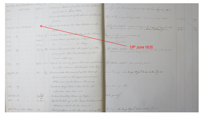 An image of a page from a Colonial Office register for 1834-1835. Document reference CO 326/205.