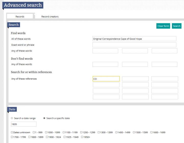 An image of the advanced search page in our catalogue showing a search for Cape of Good Hope correspondence from 1835.