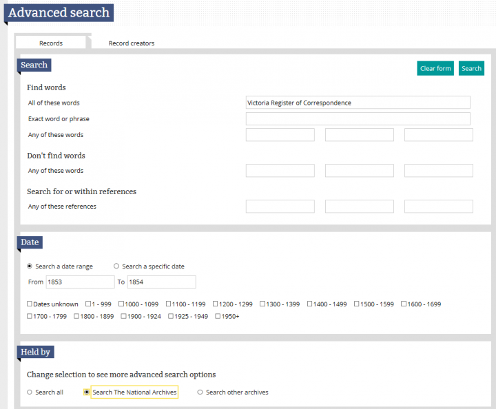 An image of the advanced search page in our catalogue for the Victoria registers of correspondence from 1853-1854