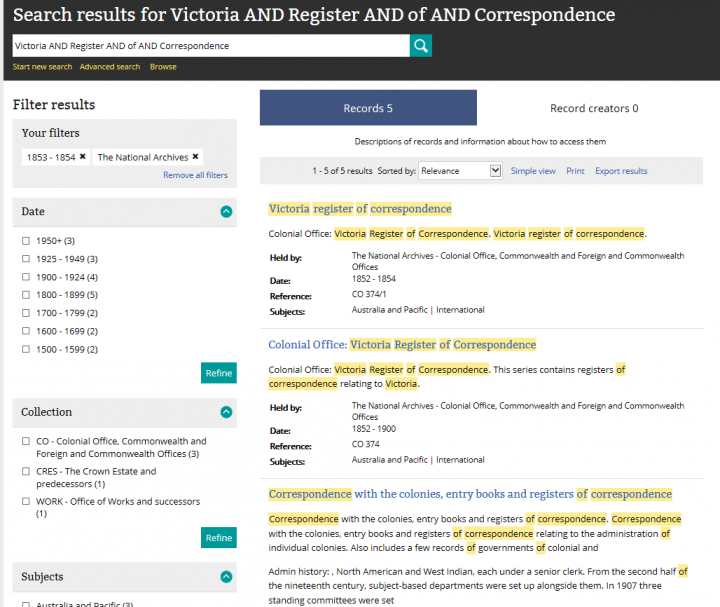 An image of a search results page in our catalogue showing the results of a search for Victoria registers of correspondence from 1853-1854.