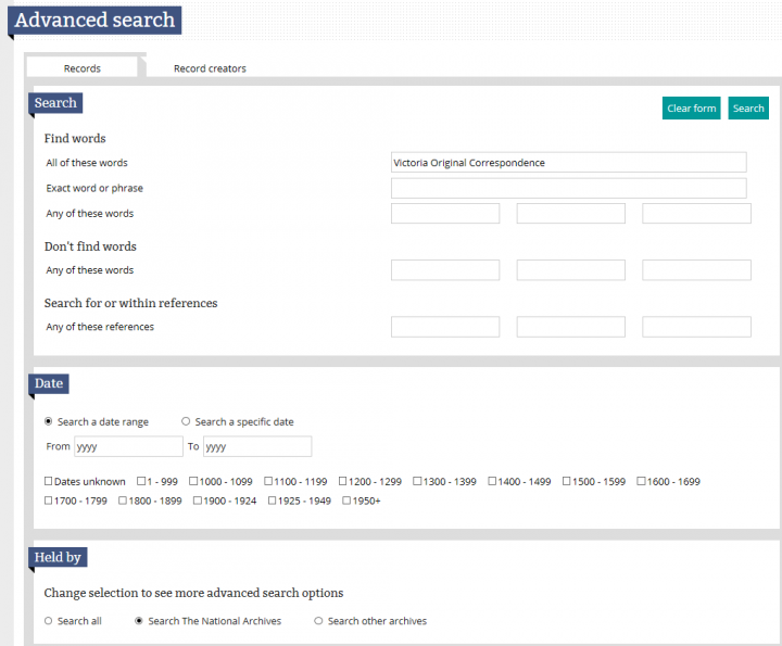 An image showing the advanced search page in our catalogue showing a search for correspondence for the colony of Victoria.