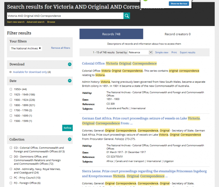 An image of a search results page in our catalogue showing the results of a search for Victoria correspondence.