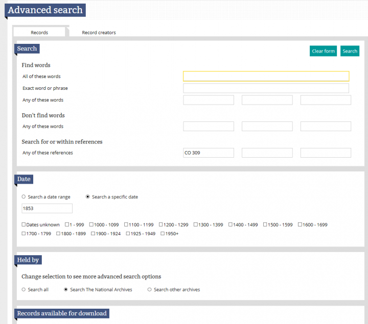 An image of the advanced search page in our catalogue showing a search for 1853 within the record series CO 309 - a keyword is not needed.