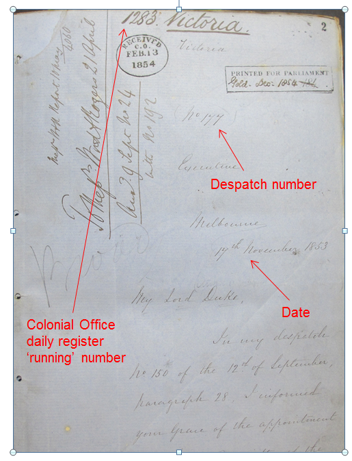 An image of the front page of the correspondence for Victoria covering 17th November to 31st December 1853. Document reference CO 309/19.