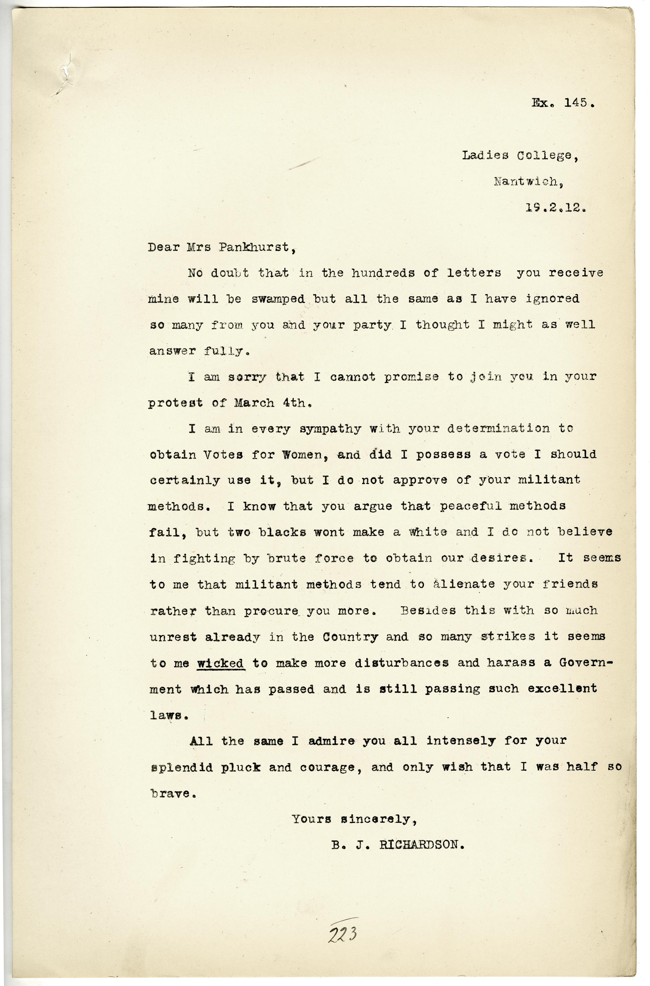 DPP1/23 Ex145 Letter from B J Richardson to Mrs Pankhurst 19 February 1912