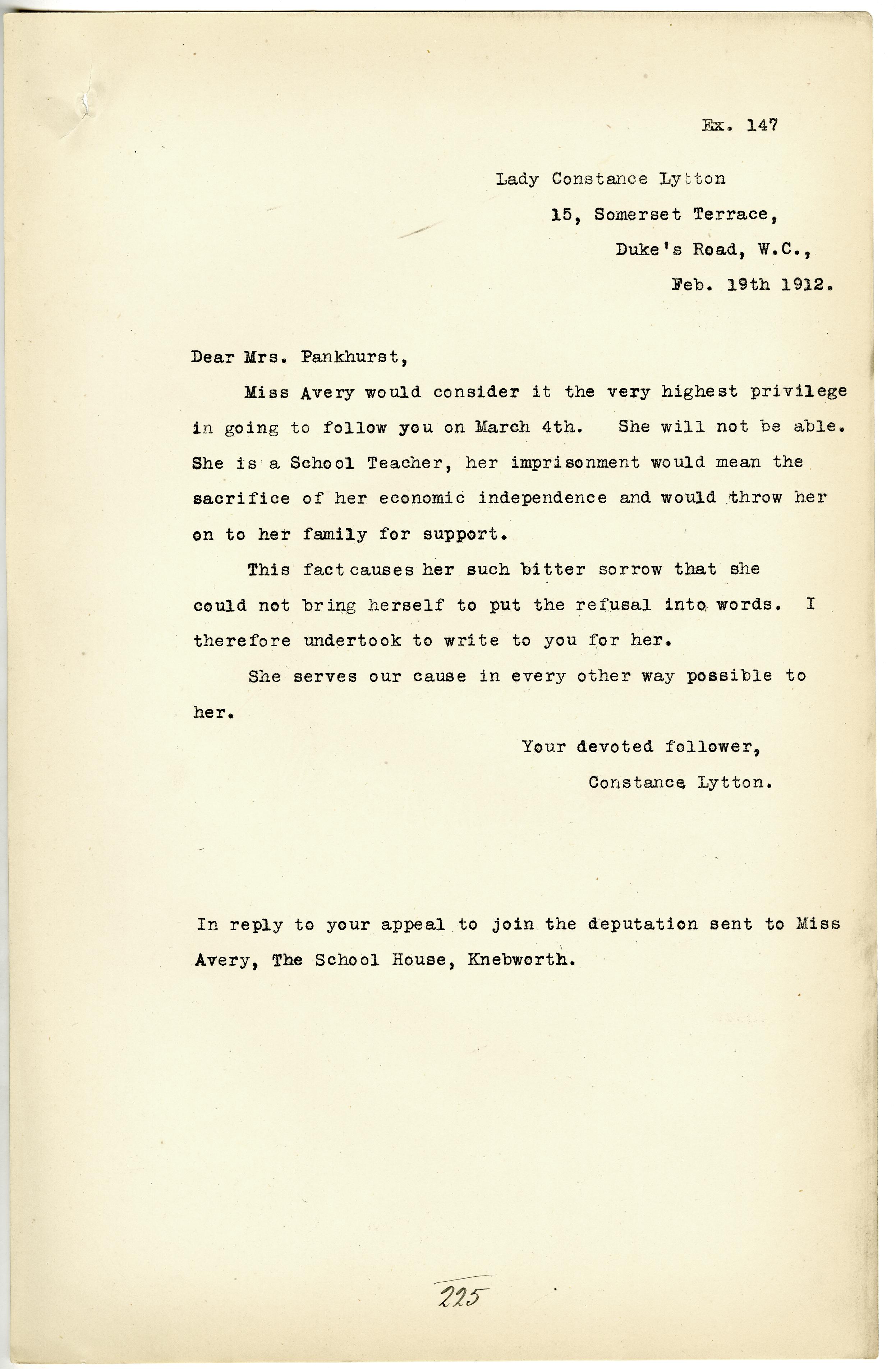 Letter from Lady Constance Lytton regarding schoolteacher 19 February 1912 DPP1/23 Ex147