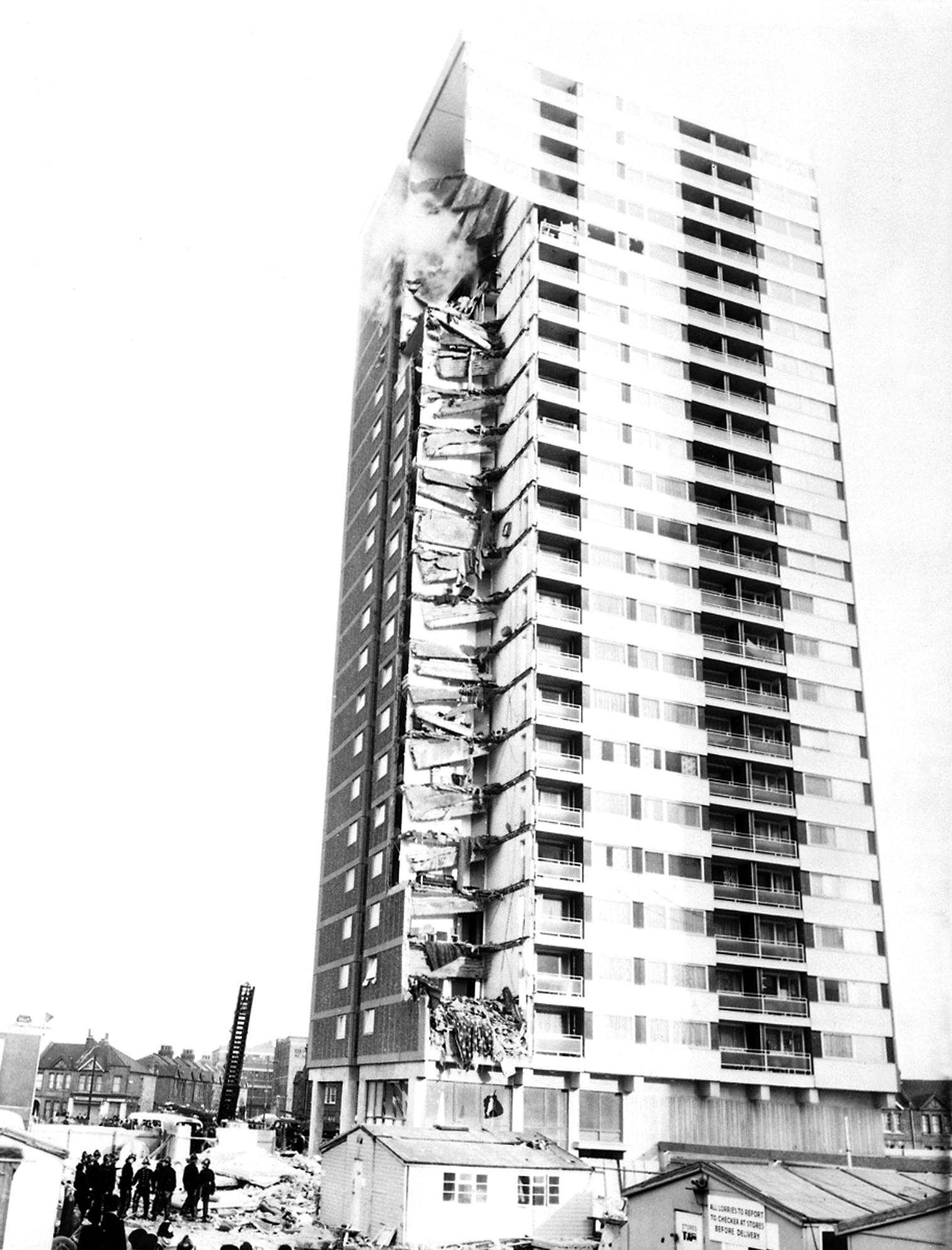 Photograph of extensive damage to Ronan Point tower block following its partial collapse (HLG 157/28)