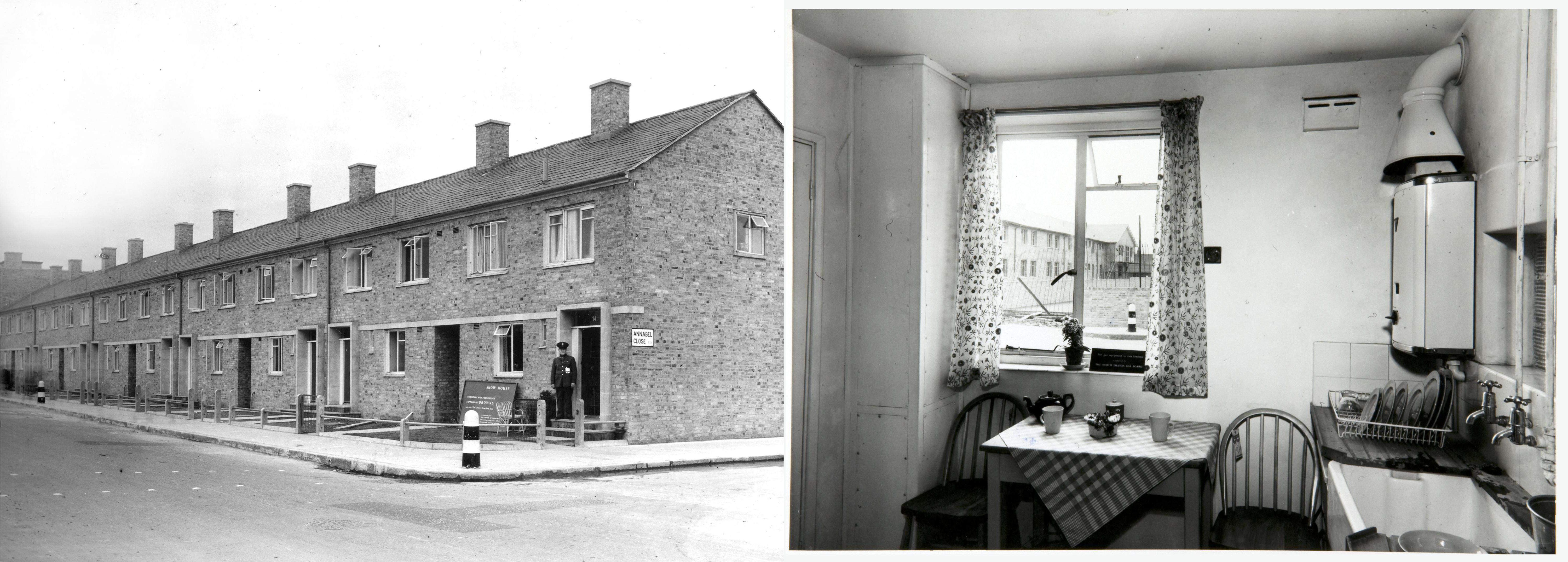 Photograph on left shows a row of houses on a residential street. Photograph on the right shows a kitchen interior with two chairs next to a small dining table.