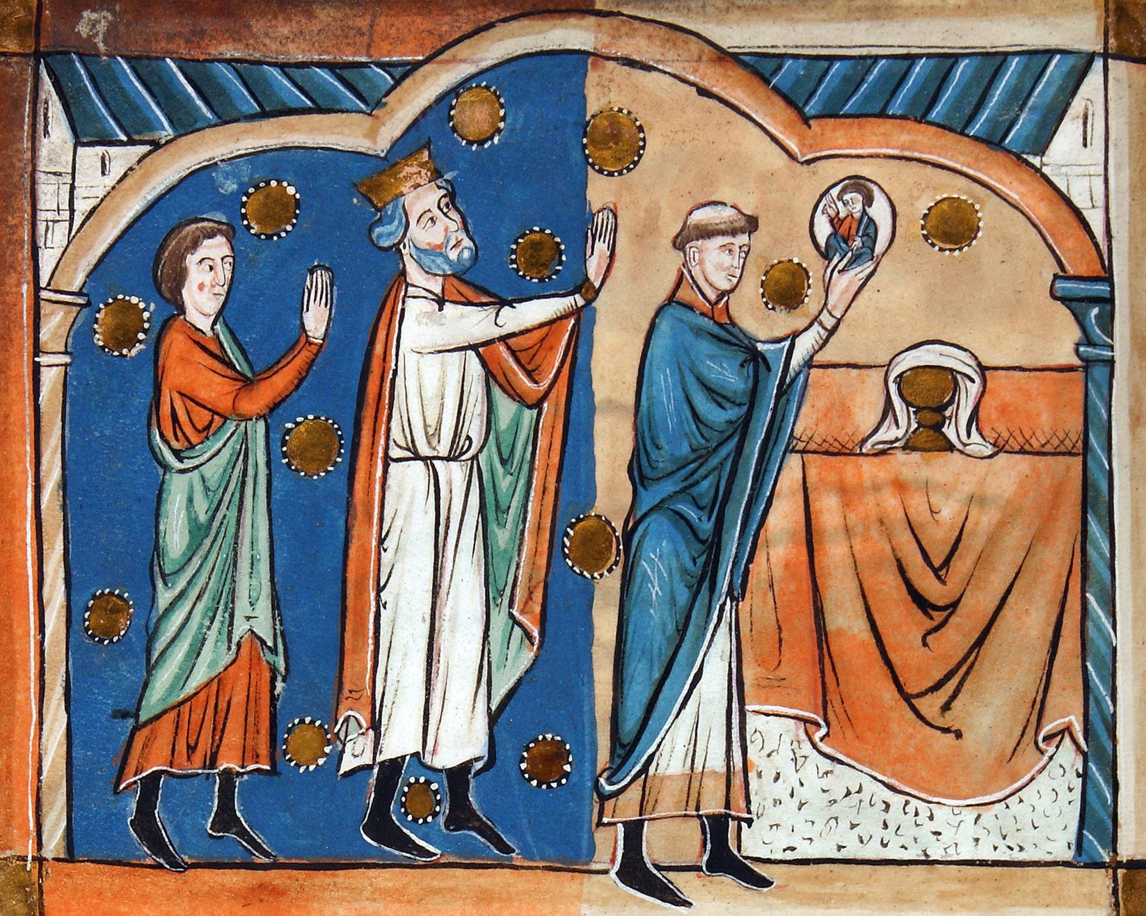 Edward the Confessor, clad in a white robe, stands with his hands in prayer next to a man with a shaved scalp who is holding an image of Christ.