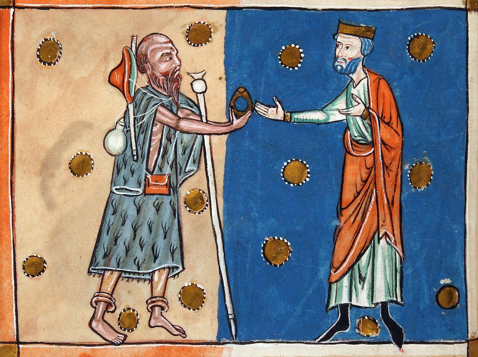 Edward the Confessor stretching his hands towards a man dressed as a beggar who is holding a ring.