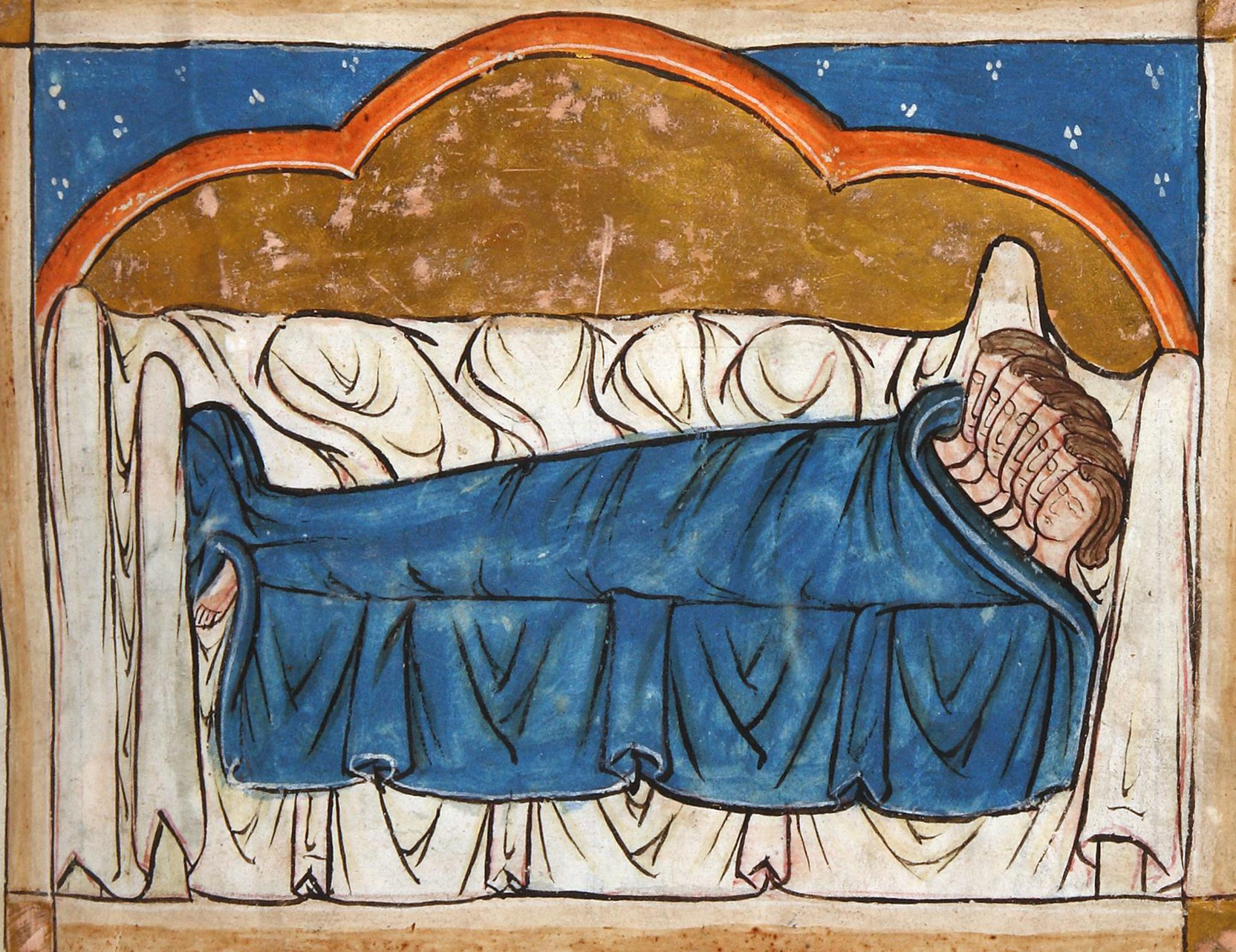 Seven people lie next to each other in a bed under a blanket with their eyes closed.