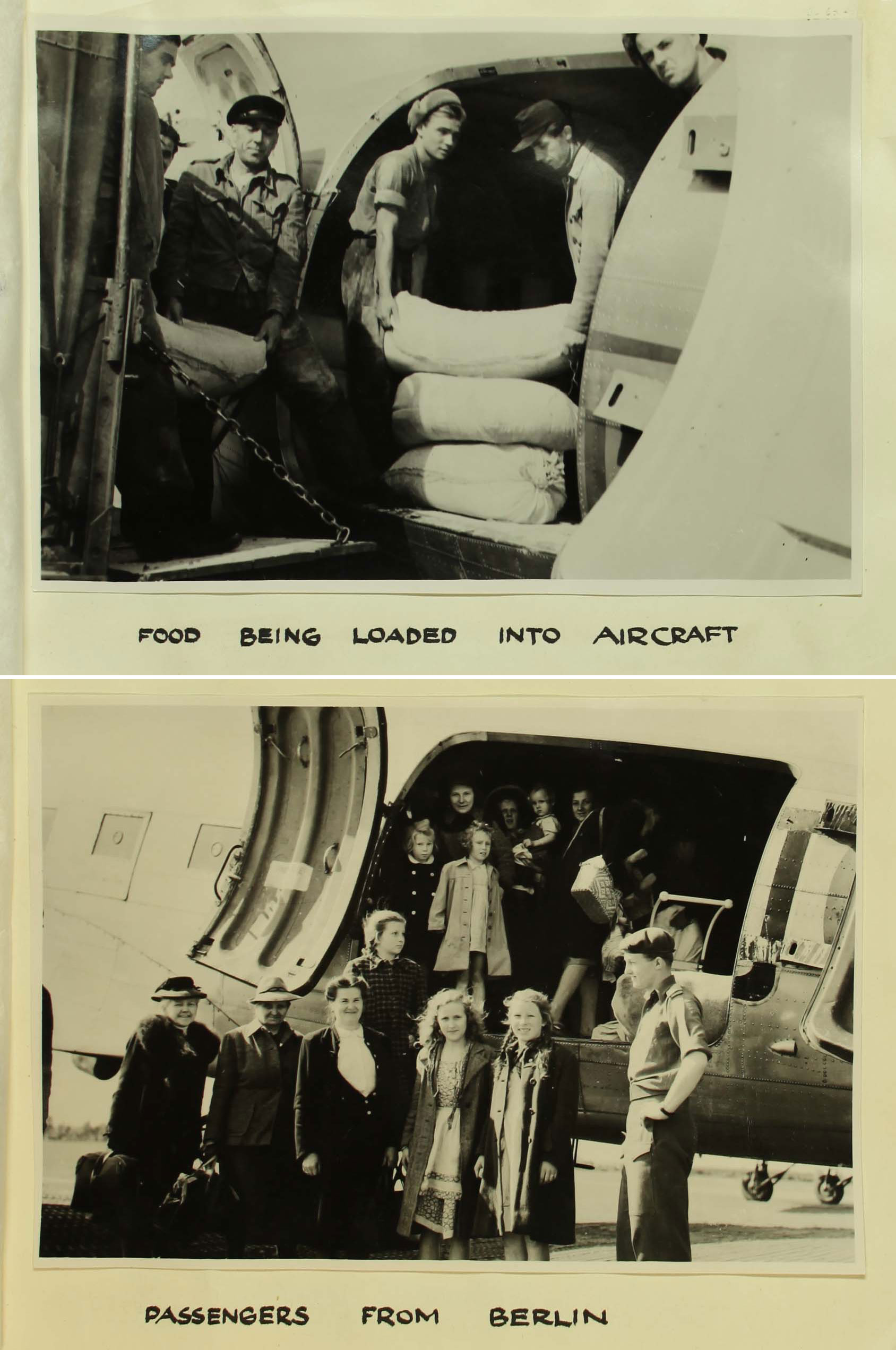 Top photo shots men lifting heavy sacks into an aircraft. Bottom photo shows a group of people of mixed ages smiling for the camera in front of an open aircraft.