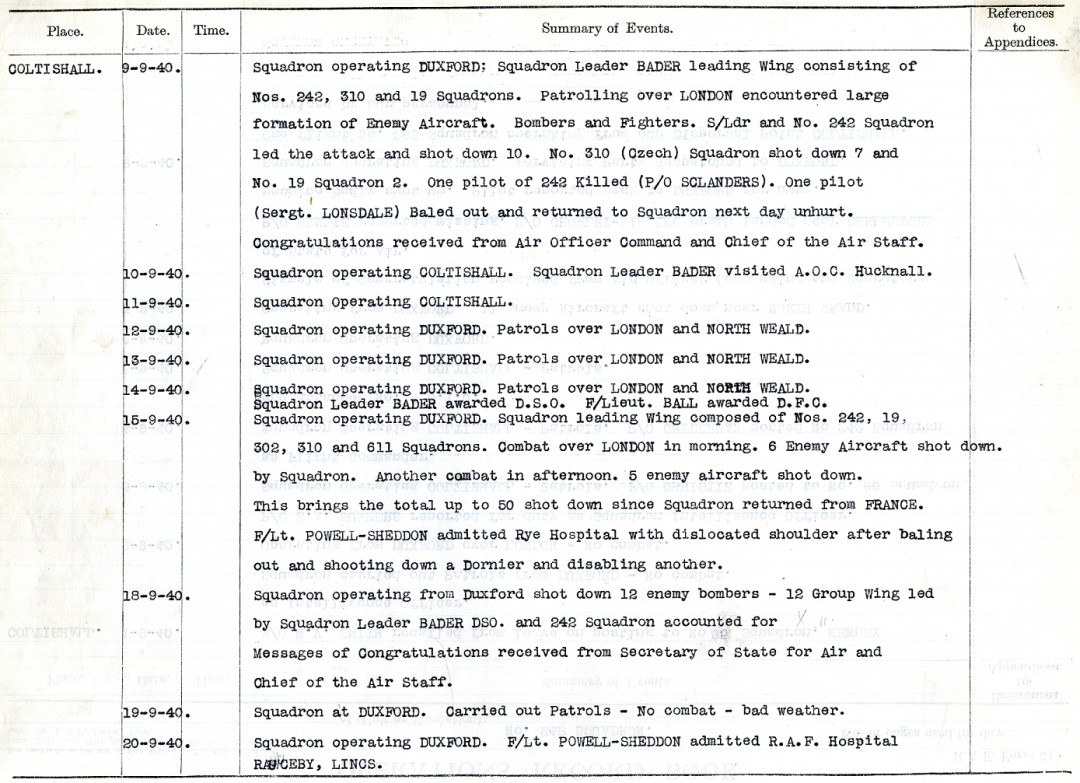 Operations Record Book for 242 Squadron, led by Douglas Bader, September 1940 (catalogue reference AIR 27/1471).