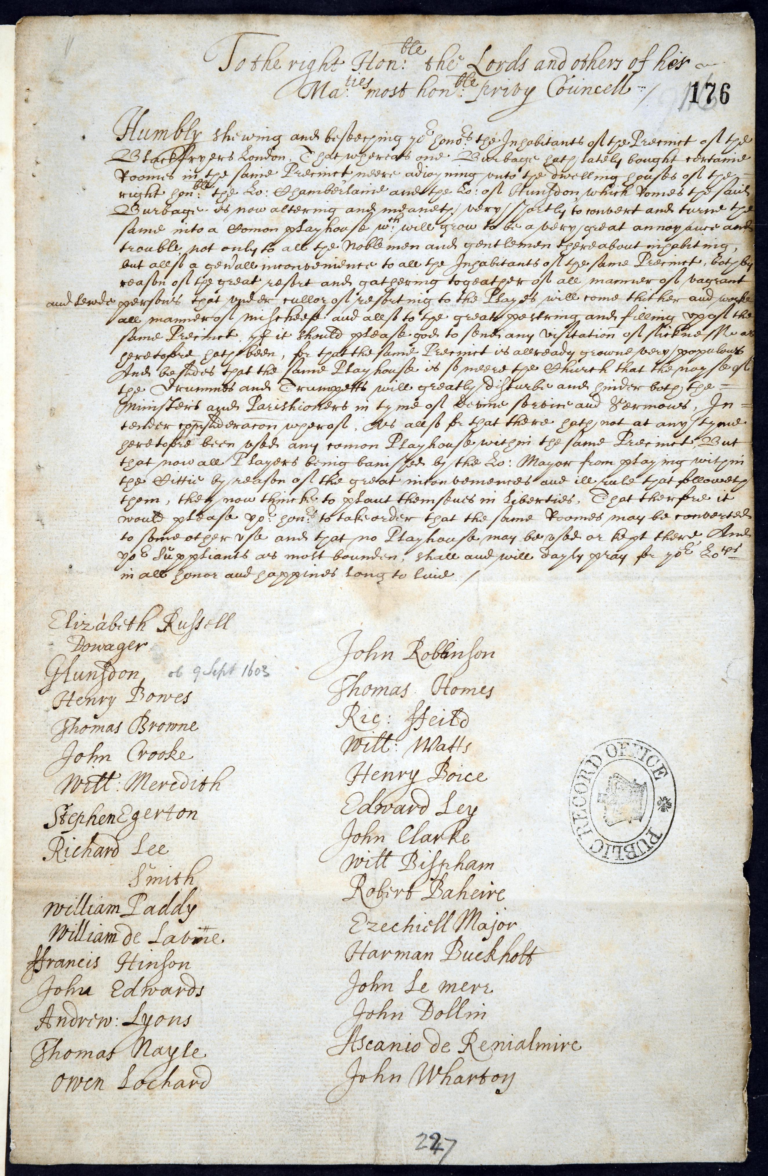 SP12/260 (176) Petition by residents of Blackfriars against the opening of a theatre in the district (later copy of 1596 original) 1596-1631