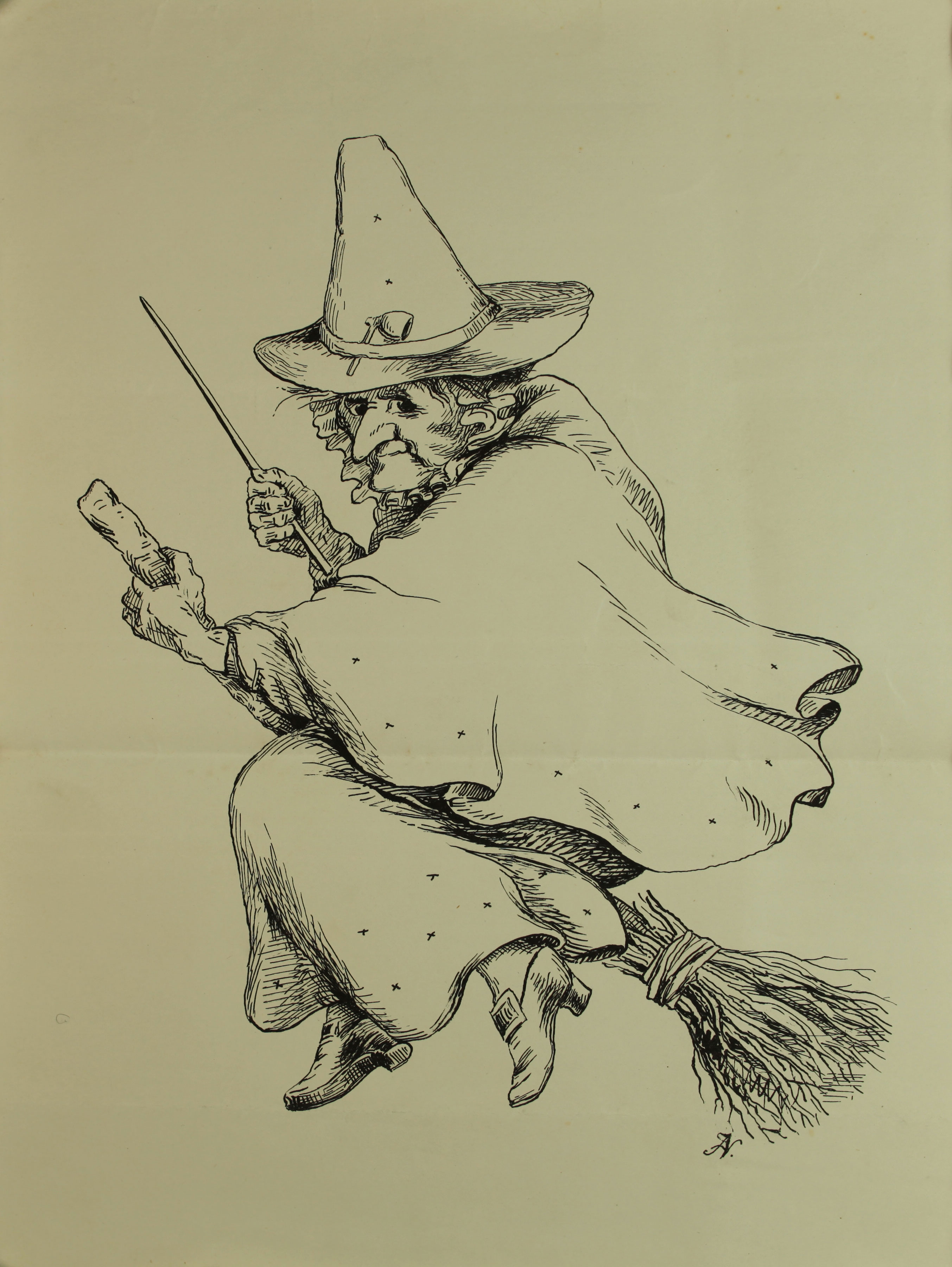 Illustration of a old woman dressed as a witch in a cape, skirt and pointed hat. She sits on a broomstick and holds up a wand.