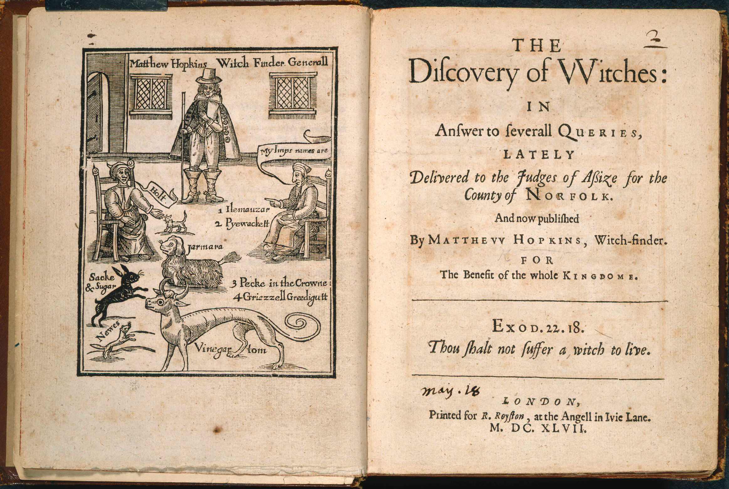 First page of book with illustration of a man standing in a room next to two seated women. The women are surrounded by animals: a cat, a dog, a black hare, a cow with paws, and a ferret.