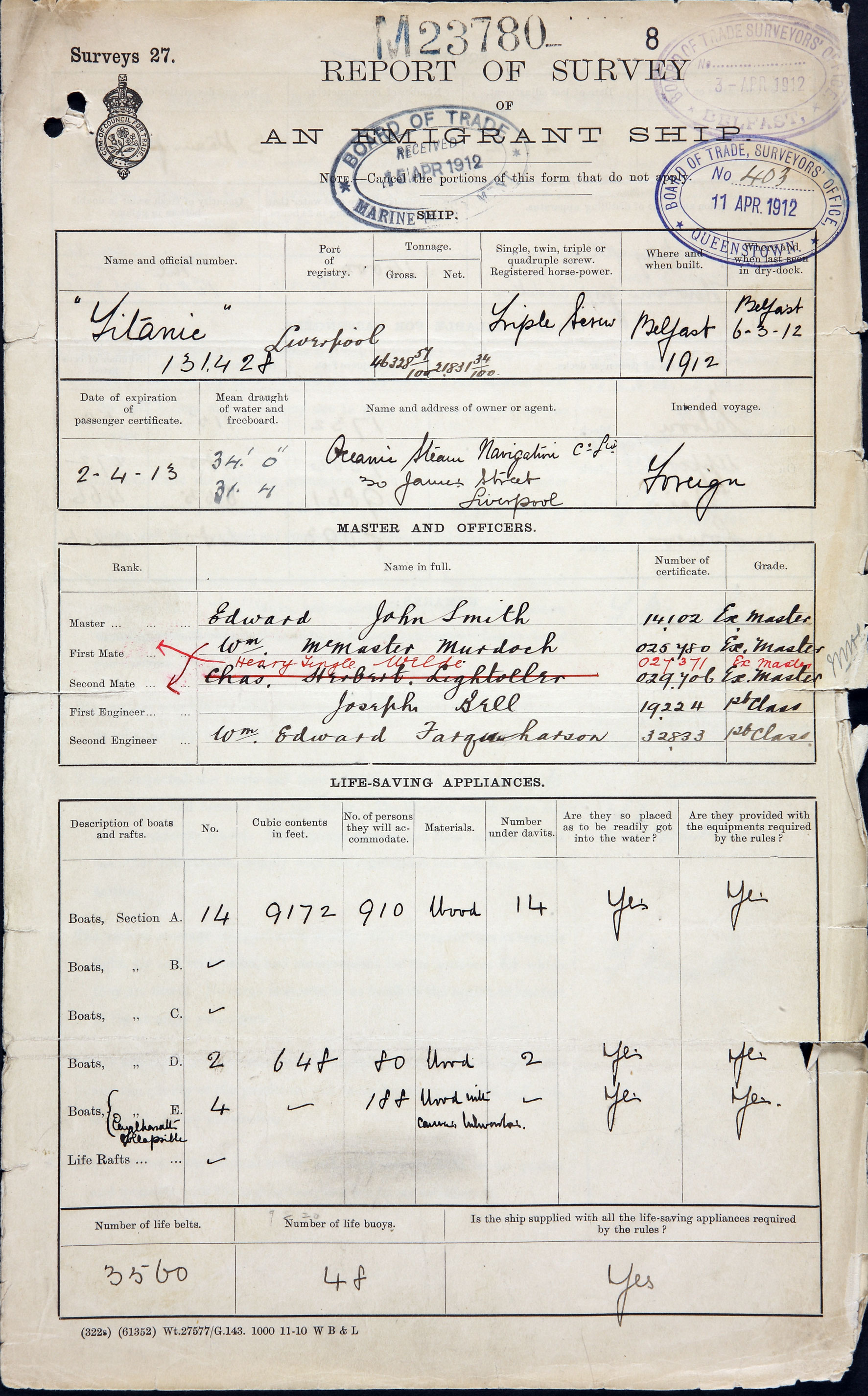 MT9/920F(8) Report of Survey for RMS Titanic, p1, April 1912