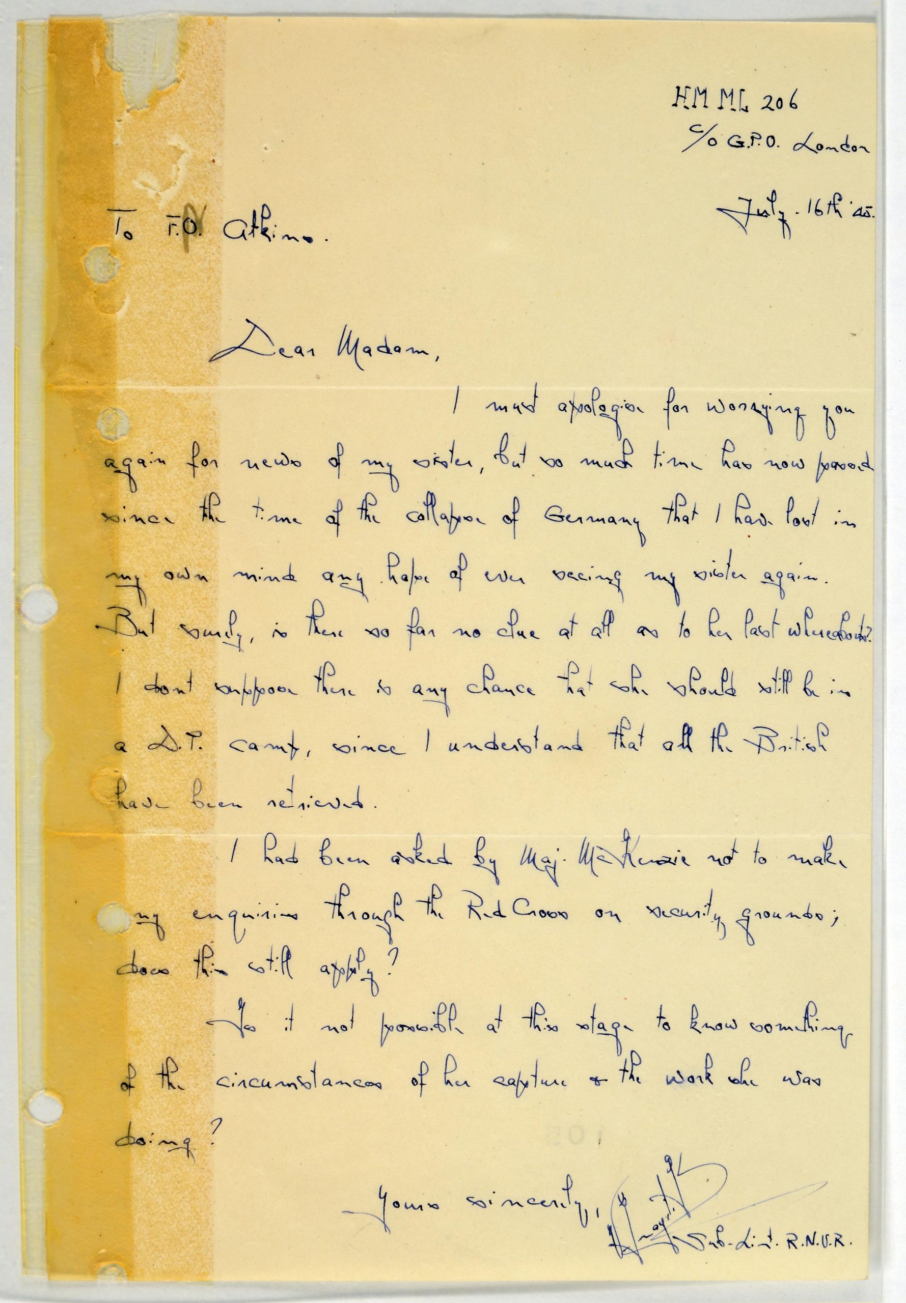 HS9/836/5 (105) Request for information on the whereabouts of Noor Inayat Khan, from her sister 16 July 1945