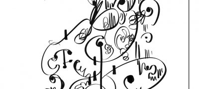 An example of Merlin's automatic drawing with many curls and flourishes. The text reads 'I drew this spontaneously while listening to music. I had headphones in... I wonder if this explains why my mind was drawn to notes/musical score patterns?'